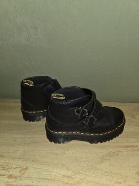 Dr. Martens Devon Flower Black Leather Ankle Boots with Yellow Stitching